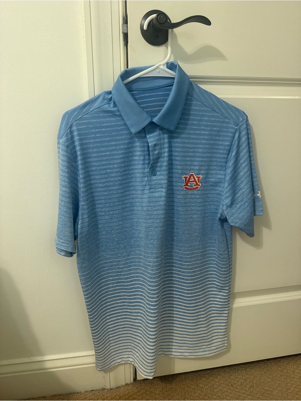 Under Armour Light Blue Striped Polo with Auburn Logo